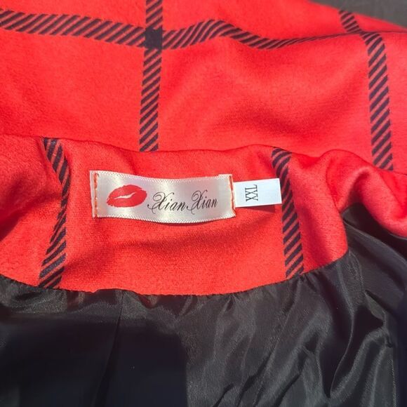 Women’s Red Turn Down Collar Wrap Trench Coat Grid Pattern Belted XL (**tagXXL) - Picture 12 of 13